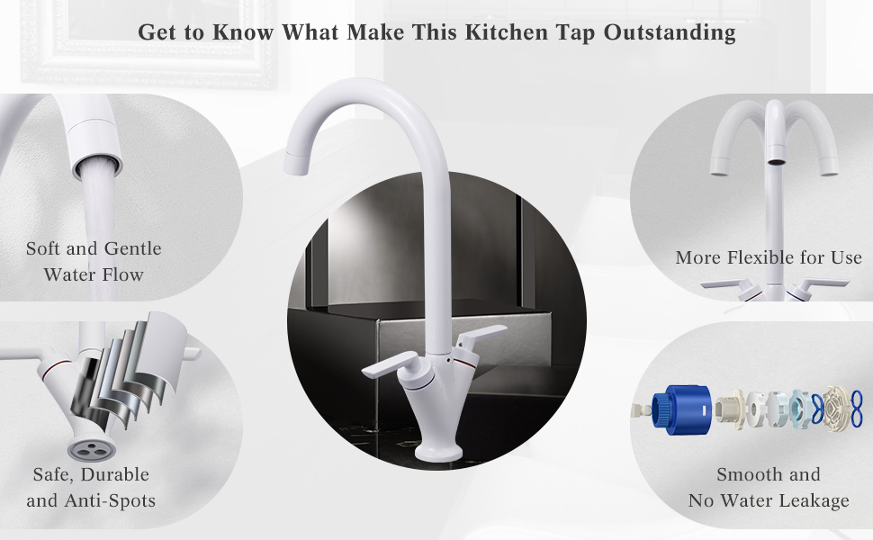 White Kitchen Tap Dual Lever Kitchen Sink Taps 360 Swivel Spout