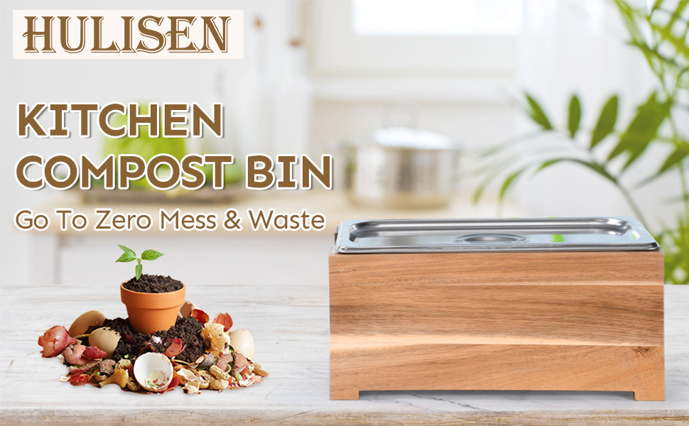 HULISEN Kitchen Compost Bin Countertop, Wooden Compost
