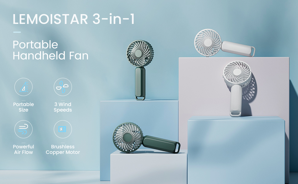 LEMOISTAR Handheld Mini Fan, 3 Speed Powerful Hand Fan, Small Pocket Fan, USB Rechargeable