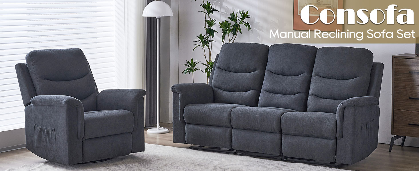 Consofa 2 Pieces Recliner Sofa Set, Manual Sofa Set for