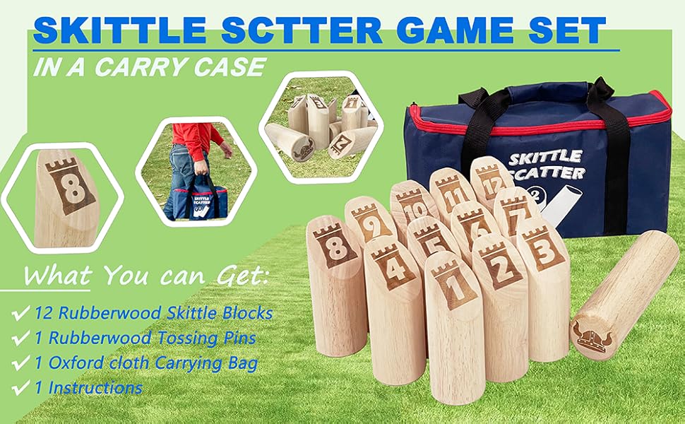 Kubb Skittle Scatter Smite Numbers Tossing Game with Hardwood Pins