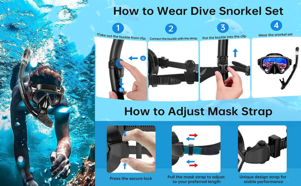 Snorkel Set Adults, Panoramic Wide View Scuba Mask, AntiFog Tempered