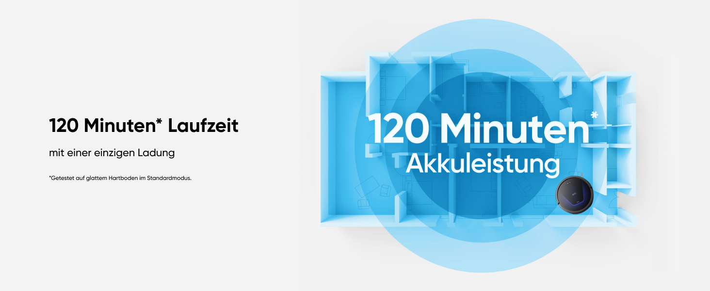 Grafik mit '120 Minuten' (120 Minuten) in großem Text, wobei 'Akkulaufzeit' und 'Akkuleistung' die Akkulaufzeit oder Leistung angeben. Blauer kreisförmiger Hintergrund