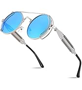 FEISEDY Sunglasses Mens Women Aviators Retro Steampunk Round Sunglasses Metal Frame Fishing Drivi...