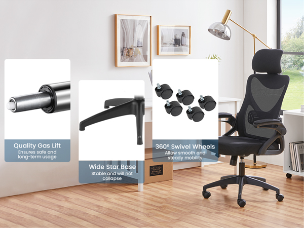 Office chair with high mesh back, adjustable headrest, and armrests. Image shows chair parts and features like gas lift and wide seat base.