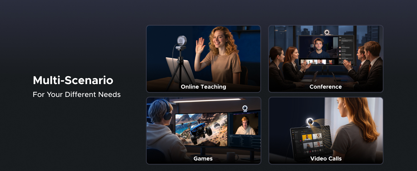 Text reads 'Multi-Scenario'. Dark interface design showing entertainment scenarios with media control elements and viewing options.