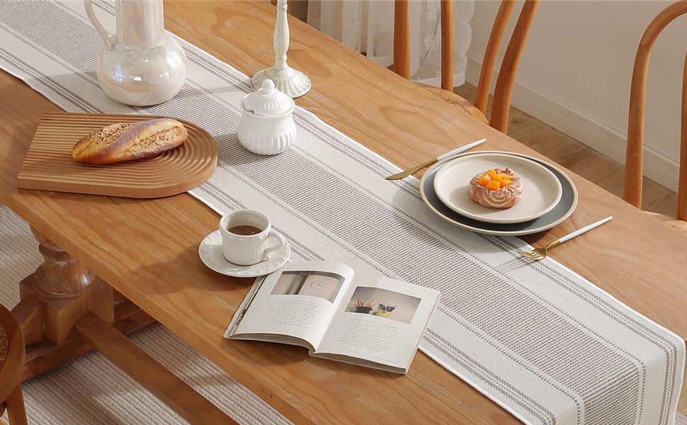 Boho Table Runner Natural Stripe for Modern Farmhouse Coffee Table Decor, Rustic