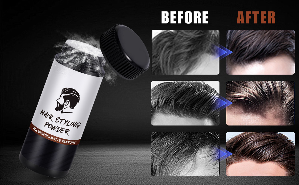 Images de comparaison des produits capillaires avant et après. Produit en bouteille noire présenté aux côtés de quatre séries de résultats de coiffure démontrant la transformation de cheveux salissants en cheveux coiffés.