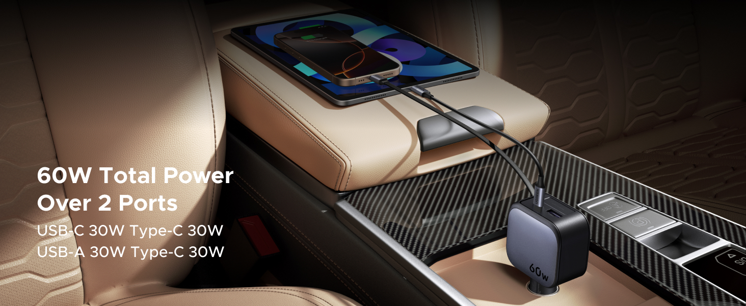 Text reads '60W Total Power'. Shows electronic charging setup with devices on dark surface with power indicators and cables.