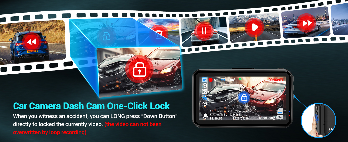 Promotional image for car dash cam featuring film strip design, device display, and icons. Highlights one-click lock feature for recording incidents while driving.