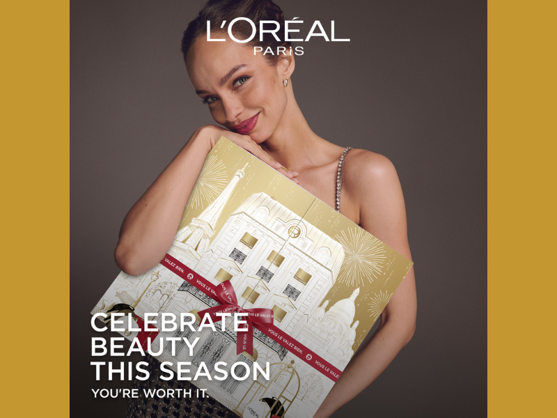 Text reads 'L'OREAL'. Series of promotional beauty product images against a gold/bronze background showing cosmetic items and styling.