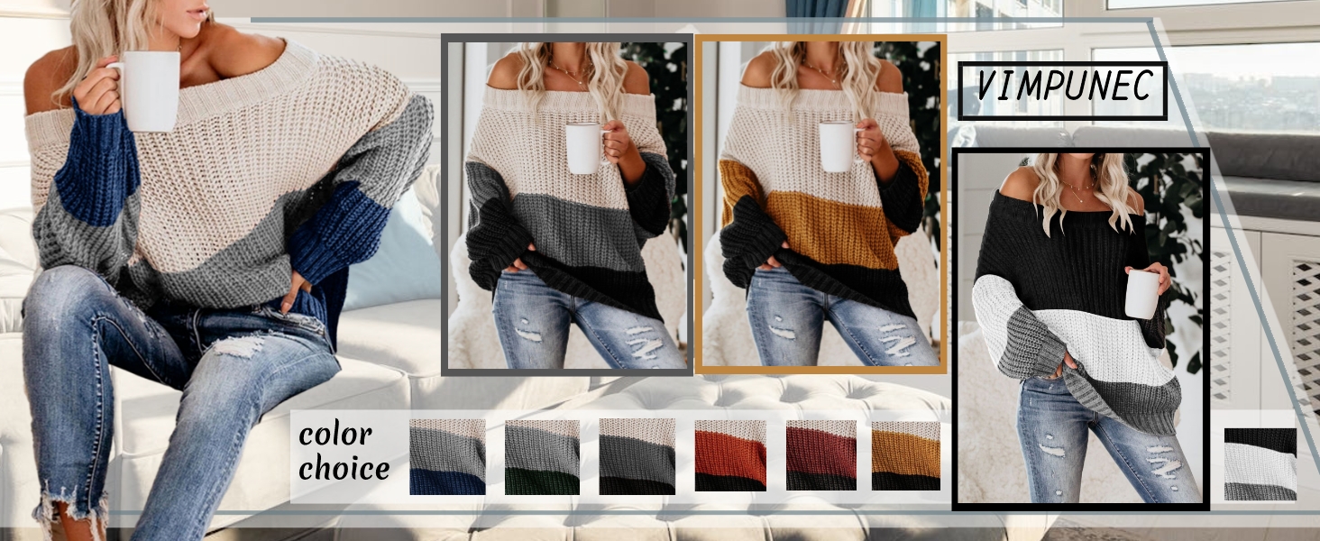VIMPUNEC Womens Oversized Sweater Color Block Off The Shoulder Pullover Sweaters Cable Knit Tops