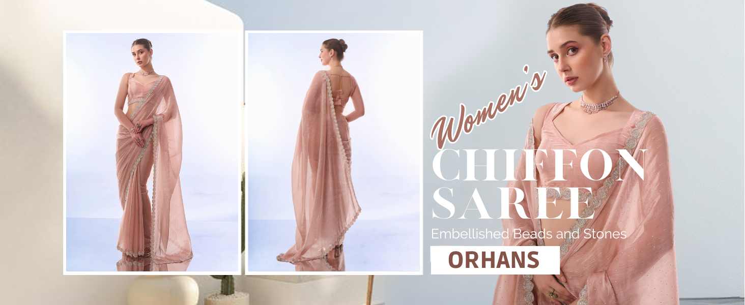 ORHANS Women&#39;s Organza Latkan Lace Work Saree With Art Silk Matching Unstitched Blouse Piece