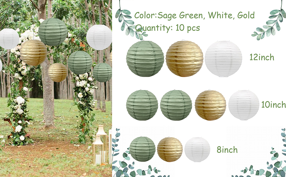 10 Pcs Paper Lanterns Decorative Sage Green White and Gold Round Hanging Paper Lanterns