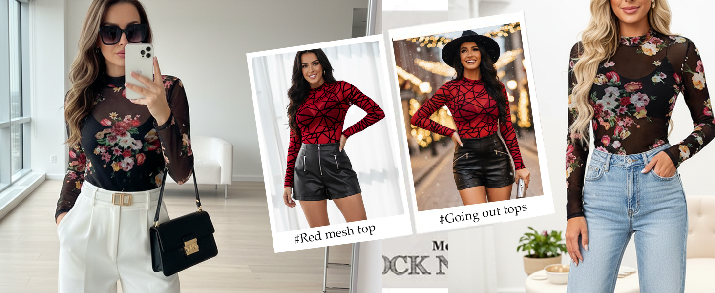 long sleeve floral mesh top