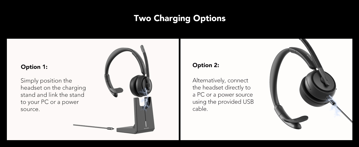 Two charging options for wireless headphones: a USB charging cable and a charging stand. Both connect to power sources for convenient battery replenishment.