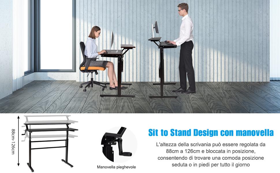 COSTWAY Scrivania Regolabile In Altezza, Scrivania Per Computer Laptop, Con Manovella, Scrivania Moderna In Acciaio E Legno, Con 2 Ripiani, Nero 17 1