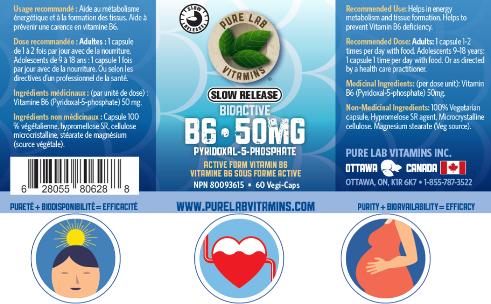 Pure Lab Vitamins B6 Bioactive Supplement 60 Vegan Caps Promotes