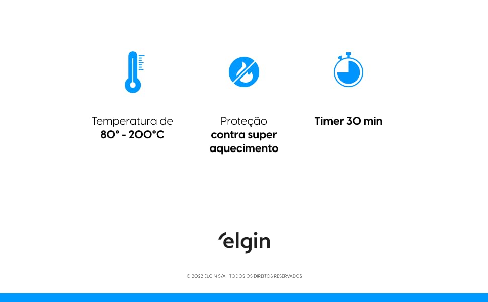 Temperatura de 80 - 200ºC, proteção contra super aquecimento e timer de 30 min