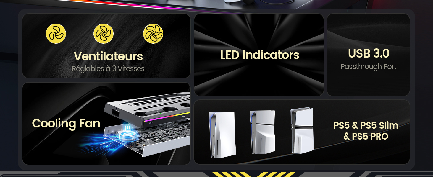 Le texte se lit comme suit : « Ventilatorus », « Indicateurs LED », « USB 3.0 », « Ventilateur de refroidissement », « PS5 & PS5 Slim & PS5 PRO ». Interface technique du produit montrant les caractéristiques du système de refroidissement avec éclairage LED bleu.