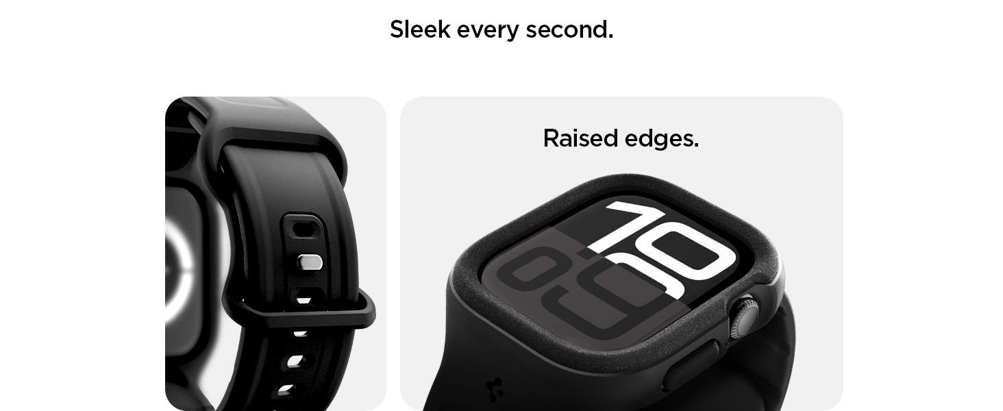 Smartwatch mit schwarzem Band und quadratischem Gesicht. Nahaufnahme zeigt Digitalanzeige mit großen weißen Ziffern. In einer anderen Ansicht werden die erhöhten Kanten des Zifferblatts hervorgehoben