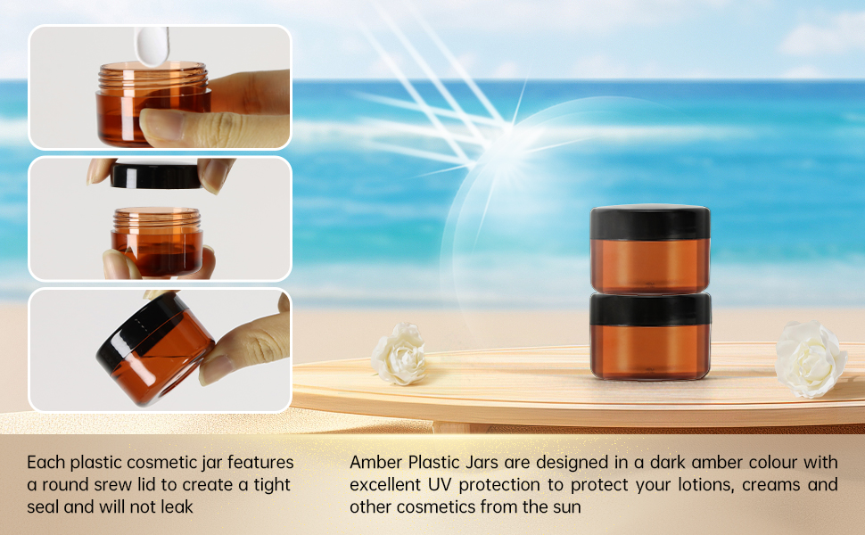 Each plastic cosmetic jar features a round srew lid to create a tight seal and will not leak