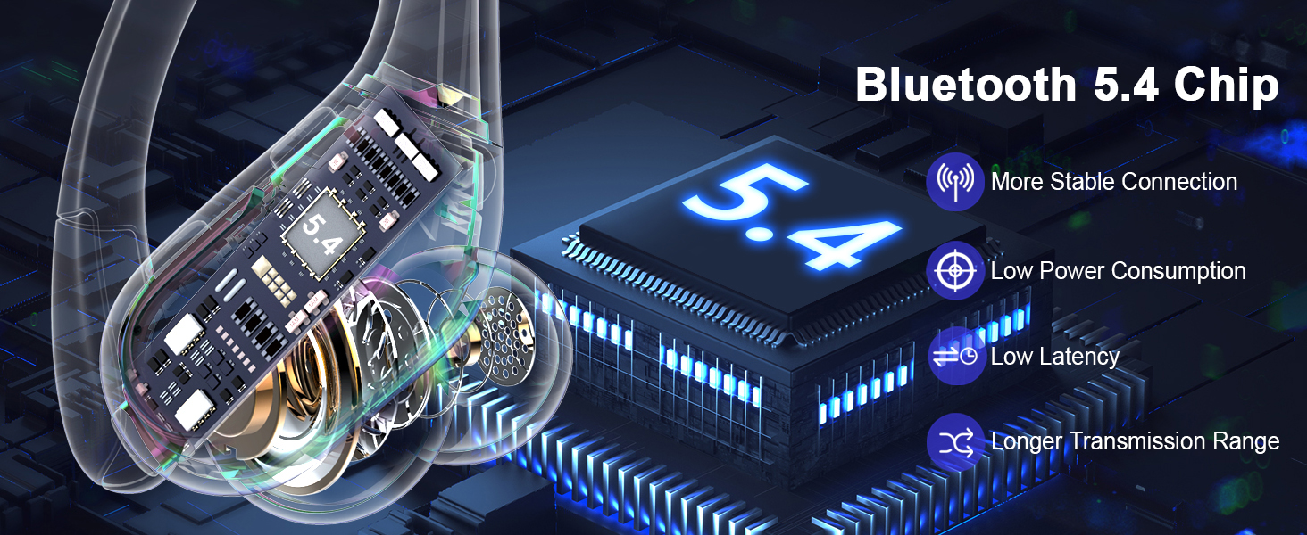 Bluetooth 5.4 chip illustration showing enhanced features like stable connection, low power consumption, and longer transmission range.