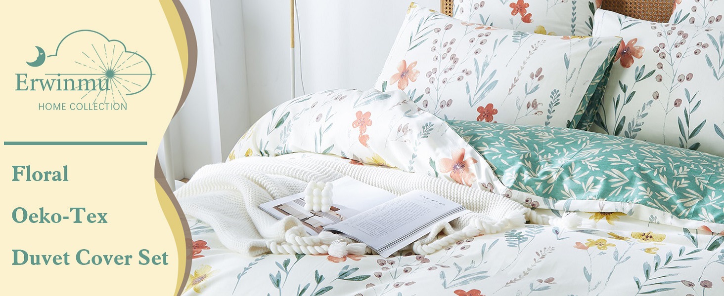 Erwinmu Floral Duvet Cover Set Queen Size,Green White