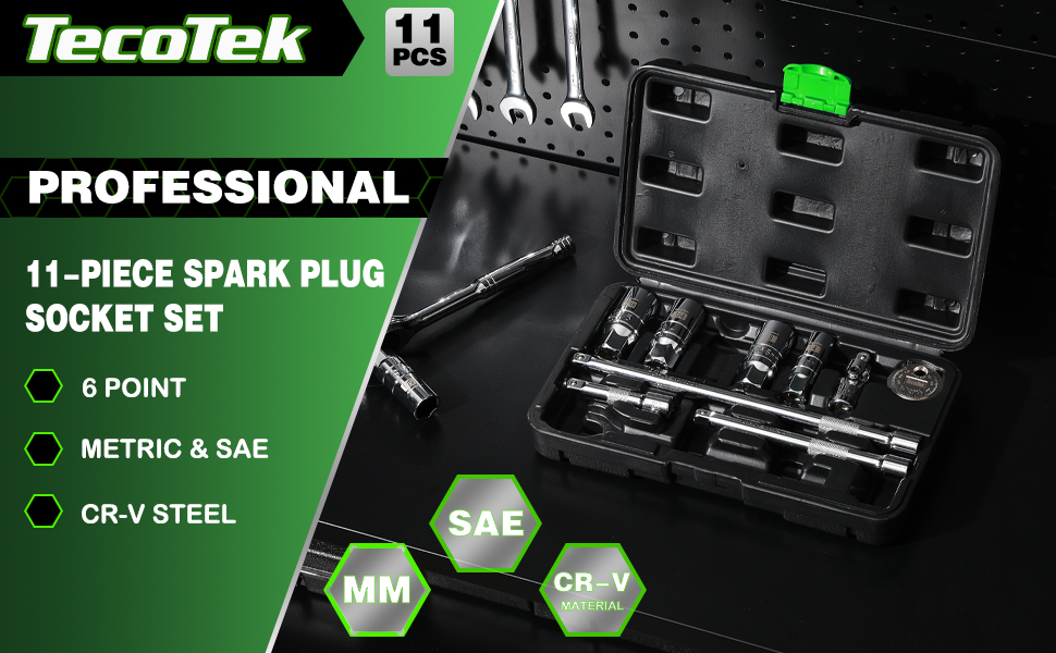 TecoTek 11Piece Spark Plug Socket Set with 3/8" Drive