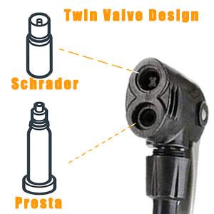 Close-up of a black bicycle pump head with twin valve design. Diagram shows compatibility with Schrader and Presta valves.