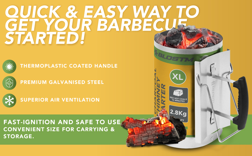 BLOSTM Charcoal Chimney Starter Quick Start, Galvanised Steel BBQ