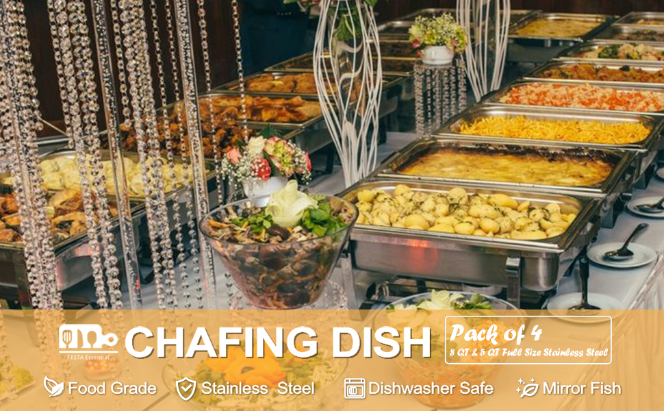 Festa Essential 4 Pack Chafing Dish Buffet Set Stainless Steel 5 QT Round&8 QT