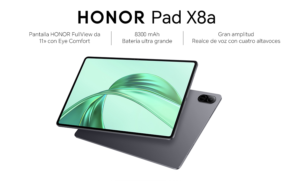 con pantalla verde. Las características incluyen una batería de 6000 mAh, la certificación TÜV Rheinland Low Blue Light y el modo libro electrónico. Se muestra en color gris