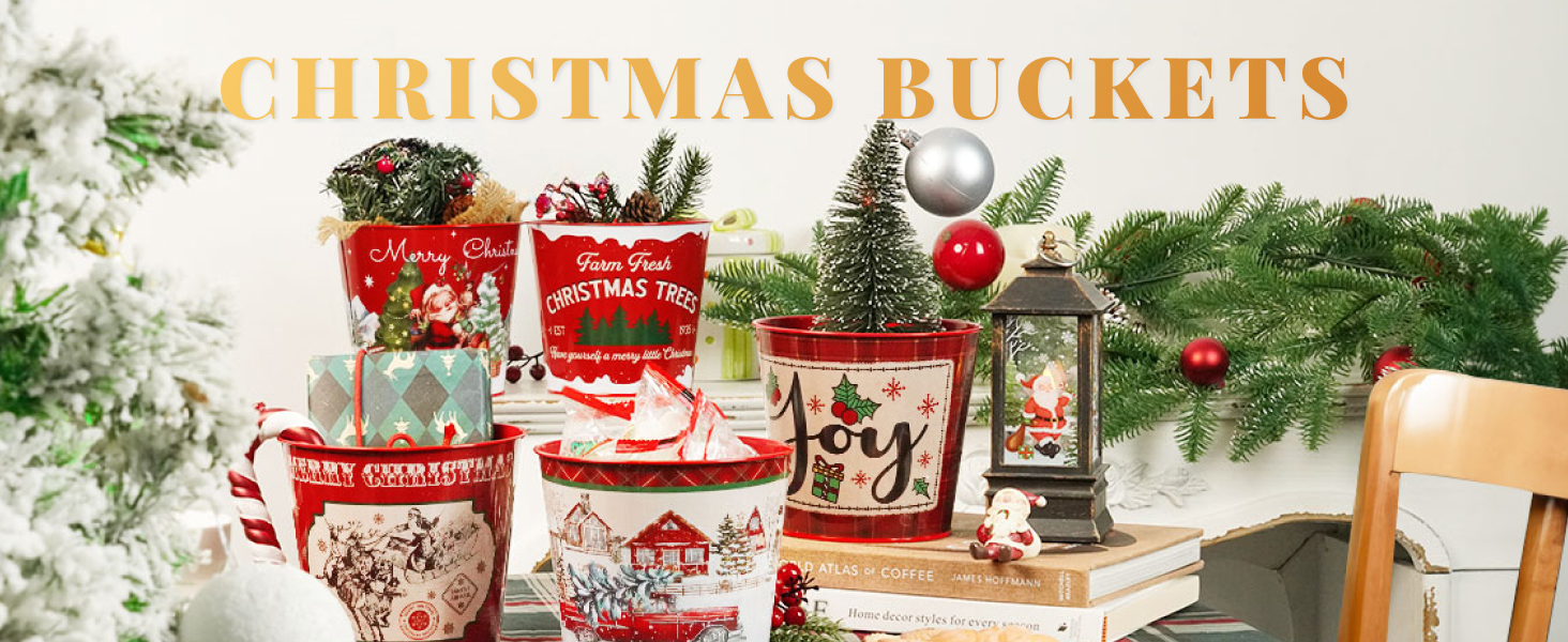 Putuo Decor Christmas Metal Buckets, 5 Pieces Christmas