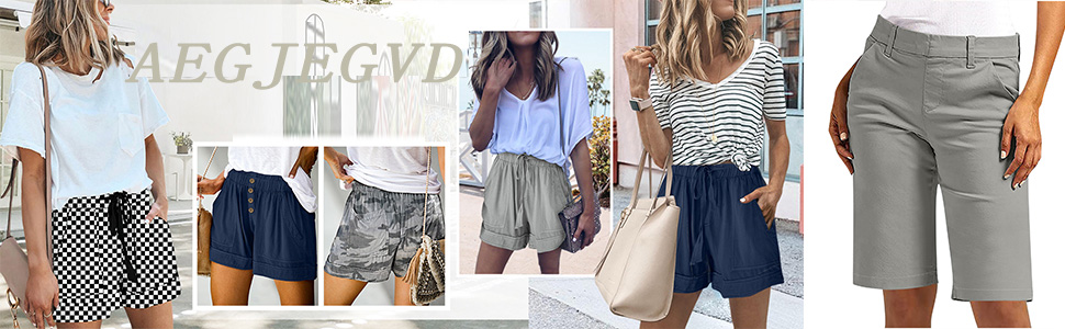 Collage de shorts et capris d'été pour femmes. Les styles incluent des carreaux, des couleurs unies, des tailles avec cordon de serrage et différentes longueurs, du court au genou. Associé à des hauts décontractés.