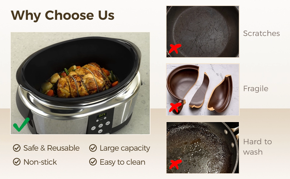 Reusable Silicone Oval Slow Cooker Liners with Handles fit