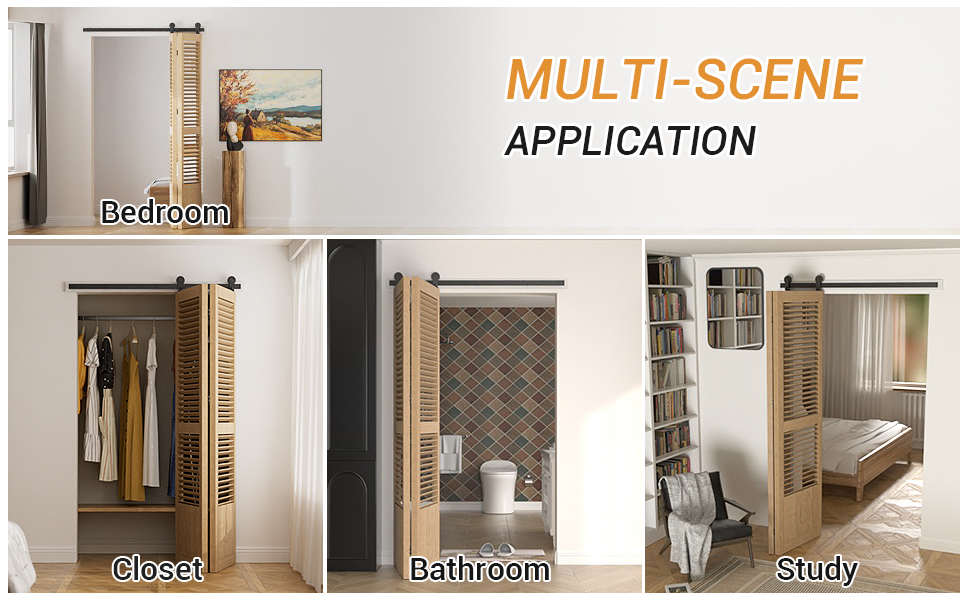 Zusammengesetztes Bild, das Schiebetüranwendungen in verschiedenen Räumen zeigt: Schlafzimmereingang, Schrank, Badezimmer und Arbeitszimmer mit Schrankbett. Die Türen sind mit Lattenrosten gestaltet