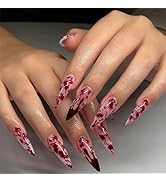 Halloween Press on Nails Long Fake Nails with Designs Blood Drop Stick on Nail Stiletto Acrylic F...