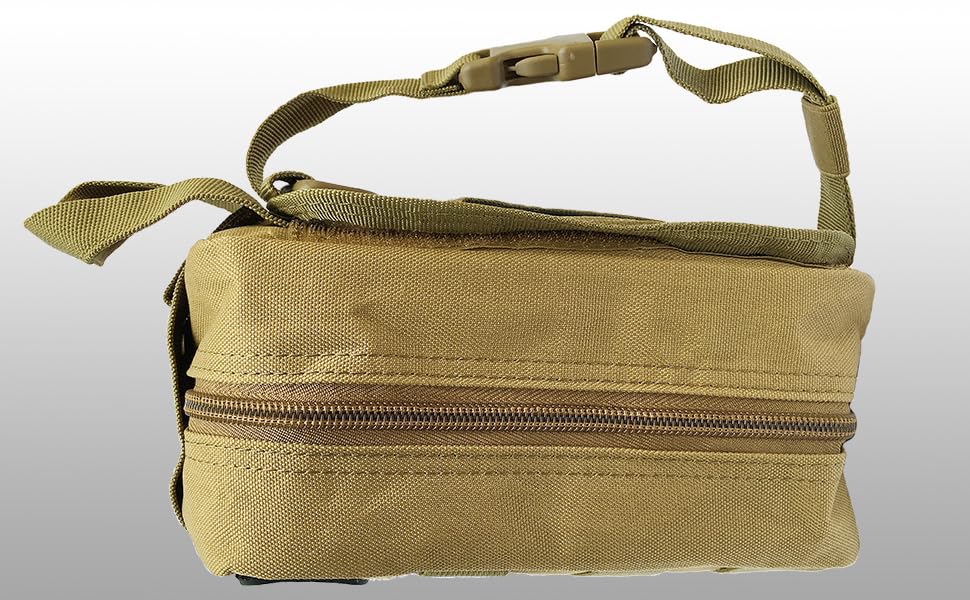 Tan bug out bag includes Gloves Scissors swabs Gauze wipe soap tape tweezers blanket bowl Vet Wrap