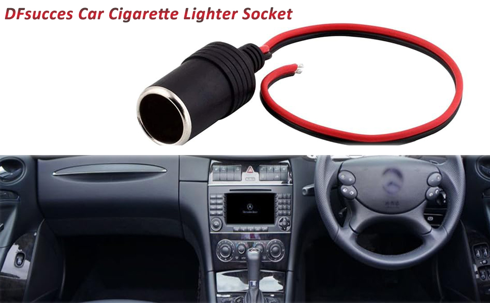 Car cigarette lighter socket adapter with red and black wires. Lower image shows a car dashboard with stereo system and steering wheel.
