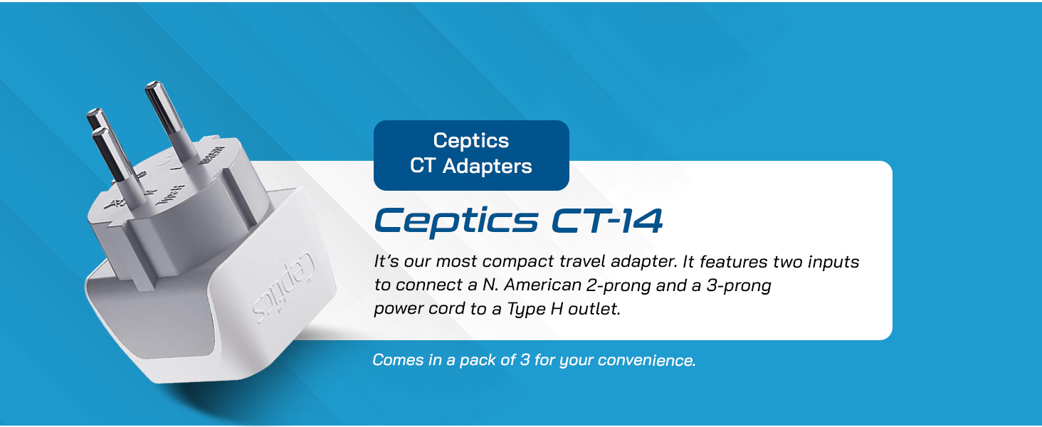 Ceptics Canada to Israel, Plestine Travel Adapter (Type H) Dual Input