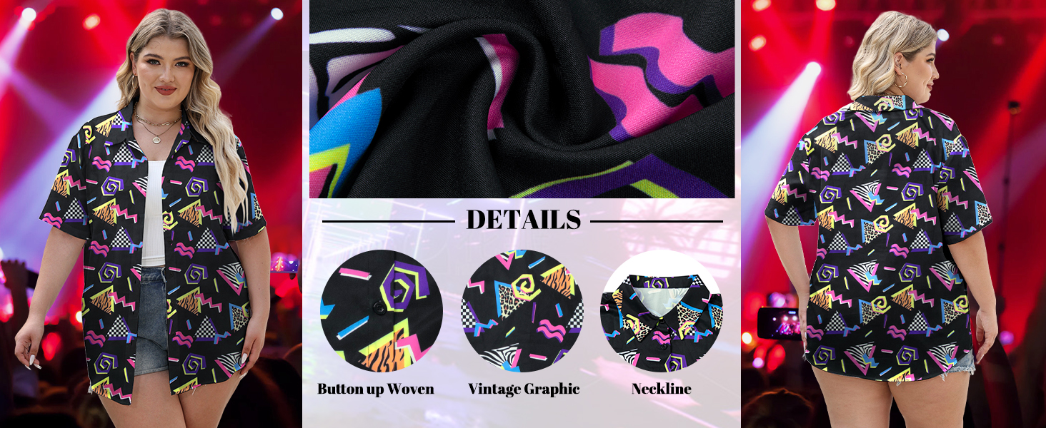 Plus Size 90s Theme Party Disco Shirt 80s Hawaiian T-Shirt Retro Neon Button Down Blouse Tops