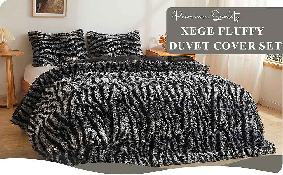 XeGe Zebra Print Fluffy Faux Fur Duvet Cover Set, 3 Pieces Soft Plush