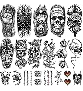77 Sheets Temporary Tattoo for Men Women, 17 Sheets Waterproof Half Arm Skull Wings Dinosaur Rose...