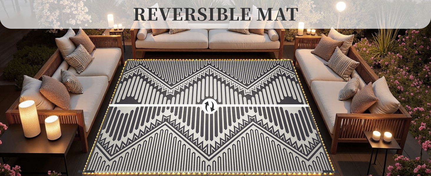 Reversible Outdoor Rug Patio Mat Outdoor Plastic Straw Rug RV Mat with Led String Strip Lights