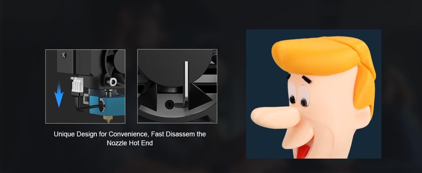 Technical diagram showing internal mechanical components and design features, alongside a cartoon character illustration with yellow hair.