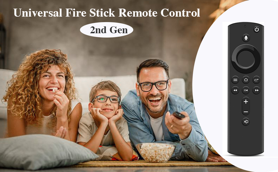 Text reads: 'Universal Fire Stick Remote Control' and '2nd Gen'. Composite image showing black remote control device alongside lifestyle image of people relaxing on floor.