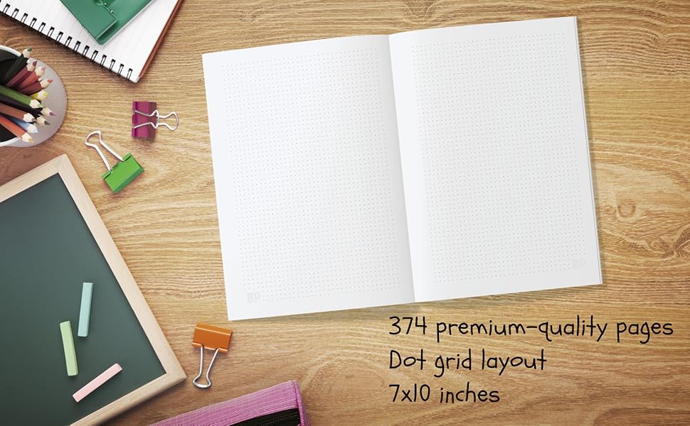 374 Premium quality pages. Dot grid layout. 7 by 10 inches.
