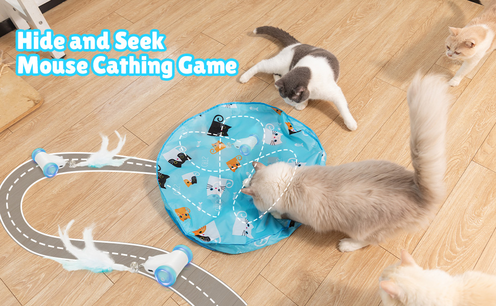 Interactive cat toy featuring a blue circular mat with attached track and mouse-catching game components, being played with by cats.
