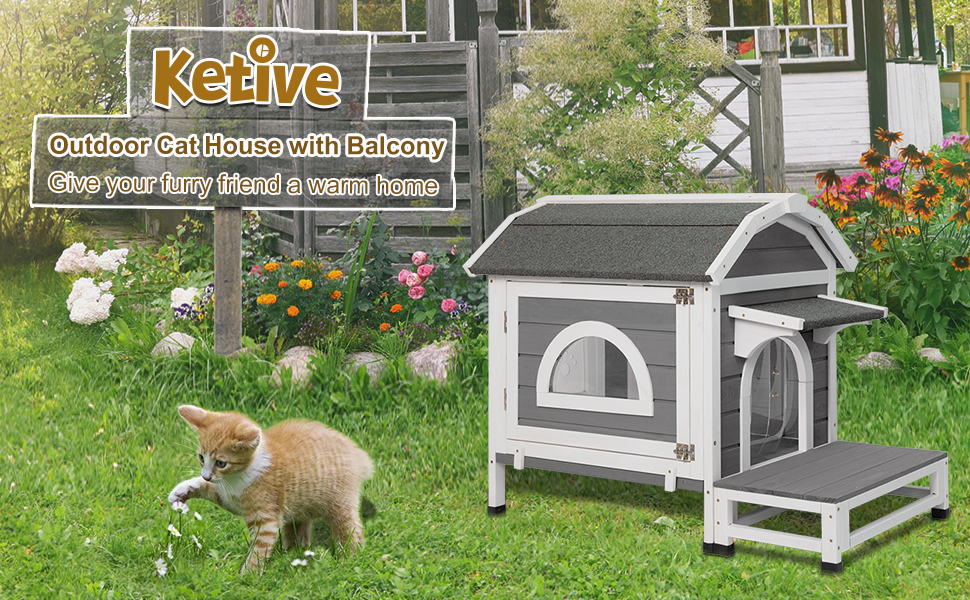 Ketive Outdoor Cat House Weatherproof Wood Cat Houses for
